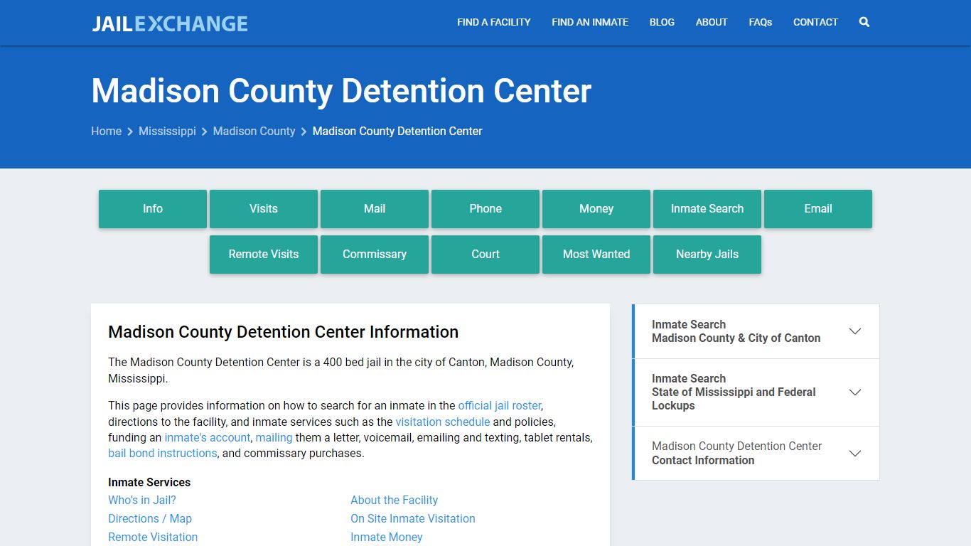 Madison County Detention Center, MS Inmate Search, Information